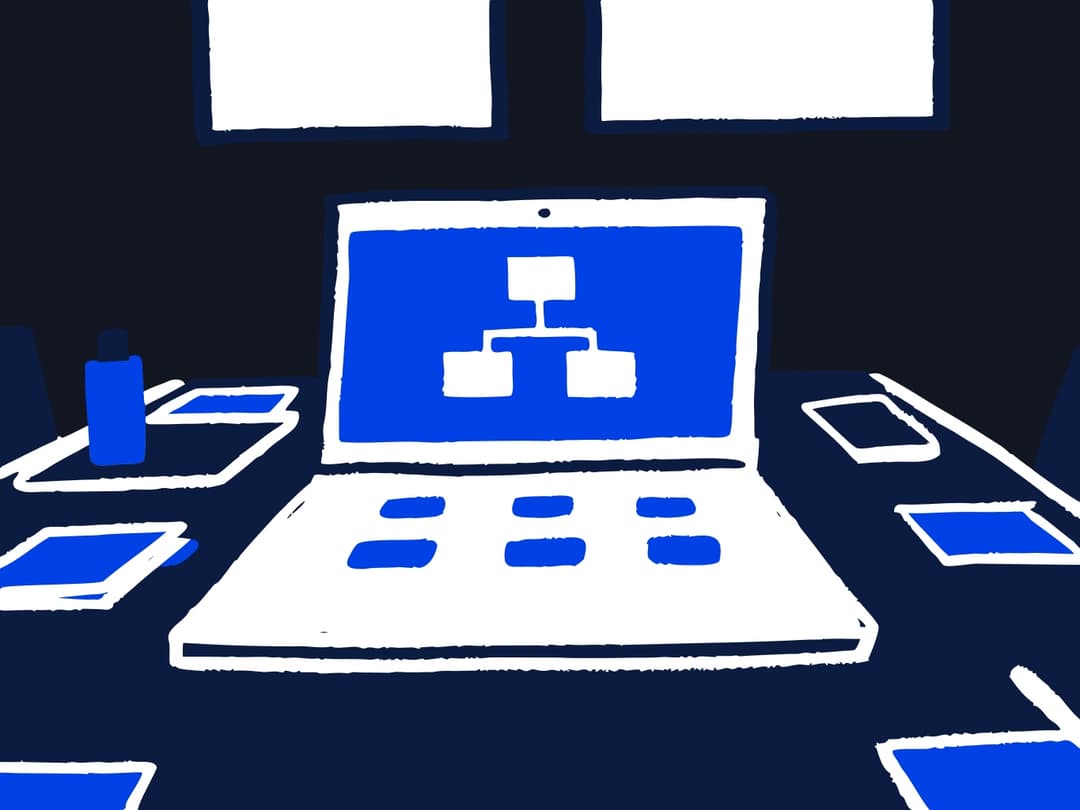 Big table with a laptop and a conceptual process of a company